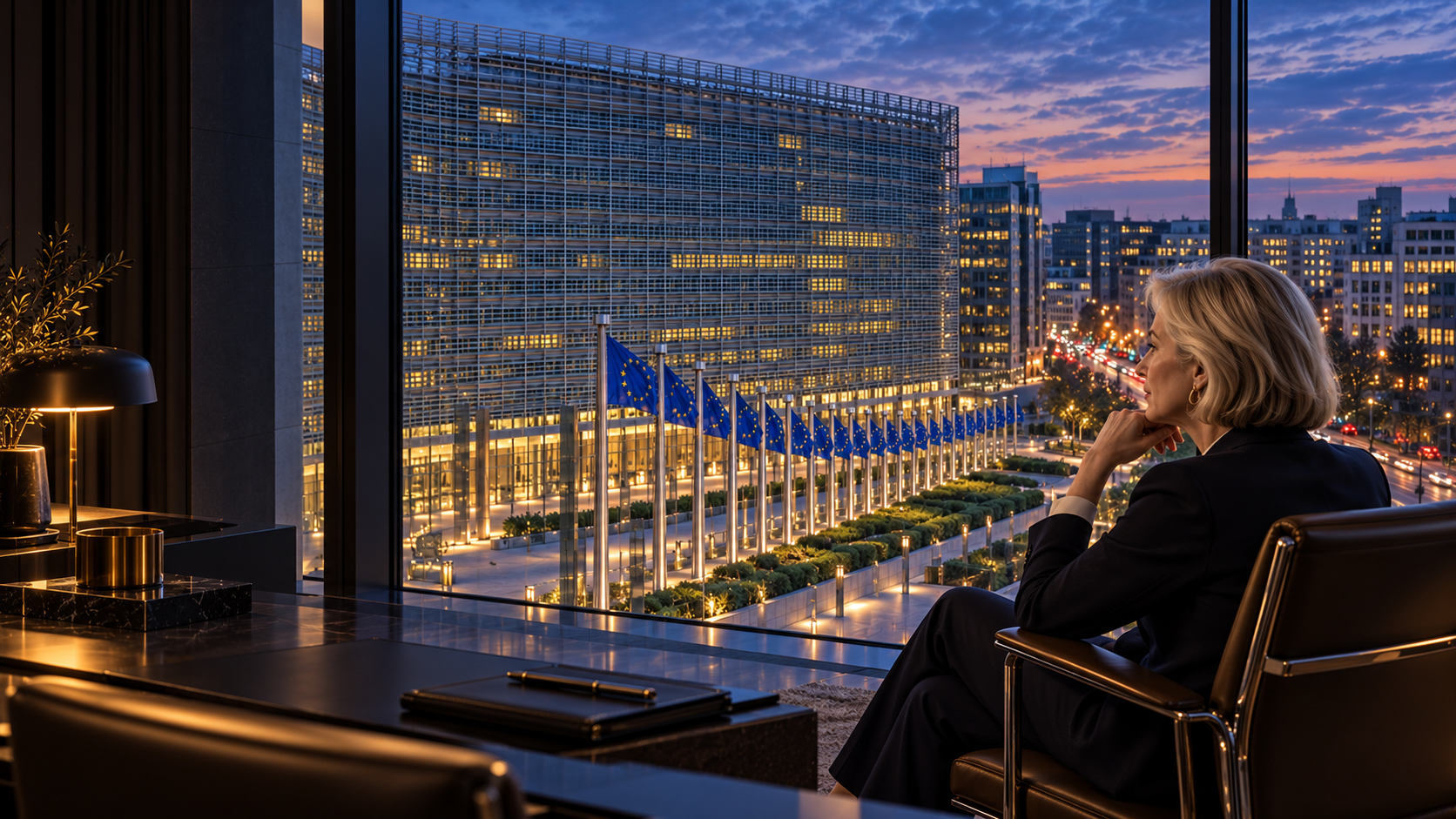 Illustrative high-floor Brussels office overlooking the Berlaymont building and EU flags, with a fictional European policymaker